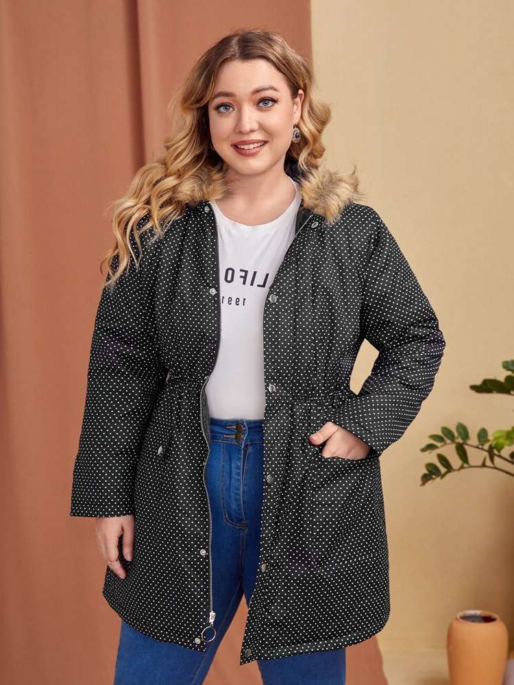  Black Polka Dot Casual Plus Size Winter Coats 724