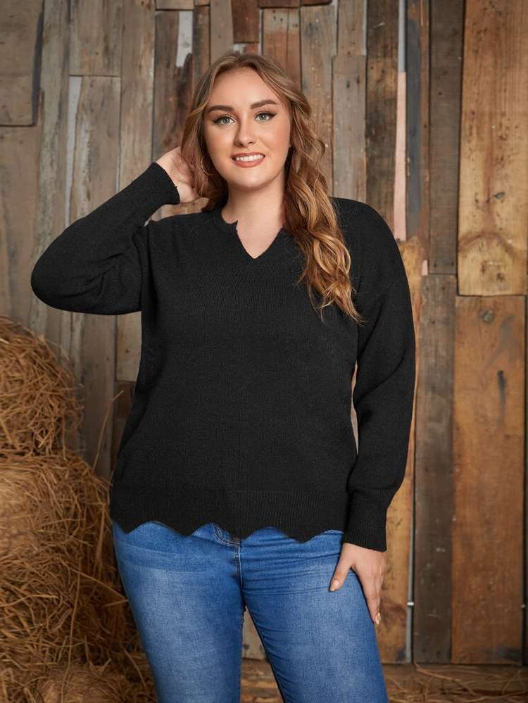 Regular Long Sleeve Casual Black Plus Size Knitwear 8829