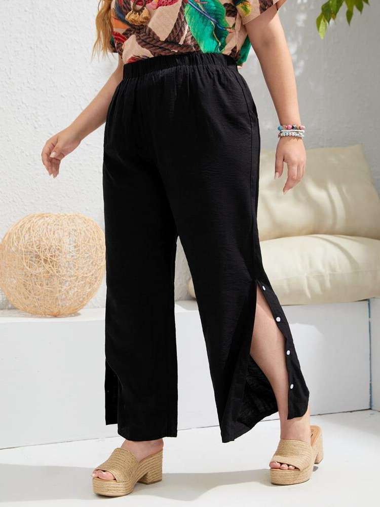 Black Plain Long Loose Plus Size Bottoms 6240