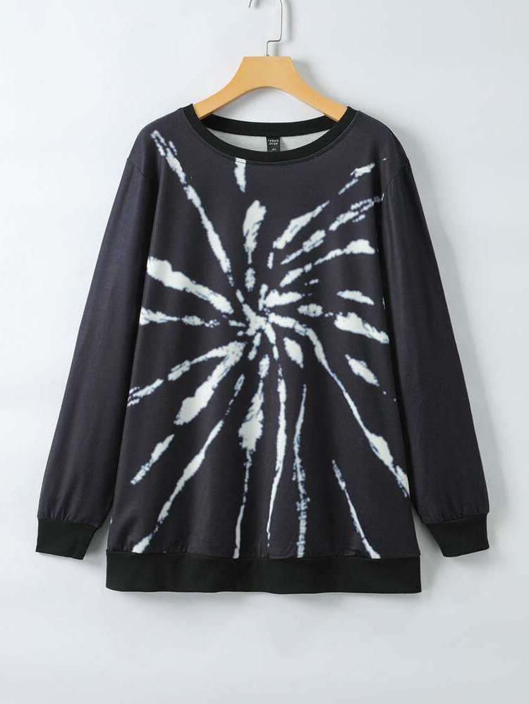 Long Tie Dye Long Sleeve Black Plus Size Sweatshirts 349