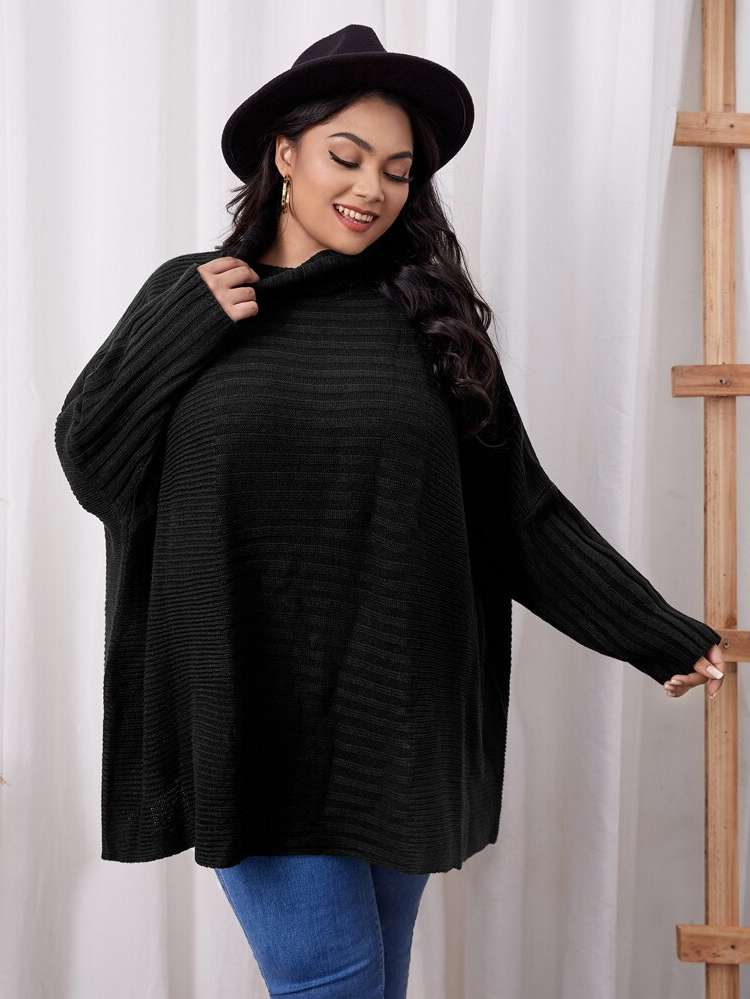 Long High Neck Rib-Knit Black Women Plus Clothing 5839