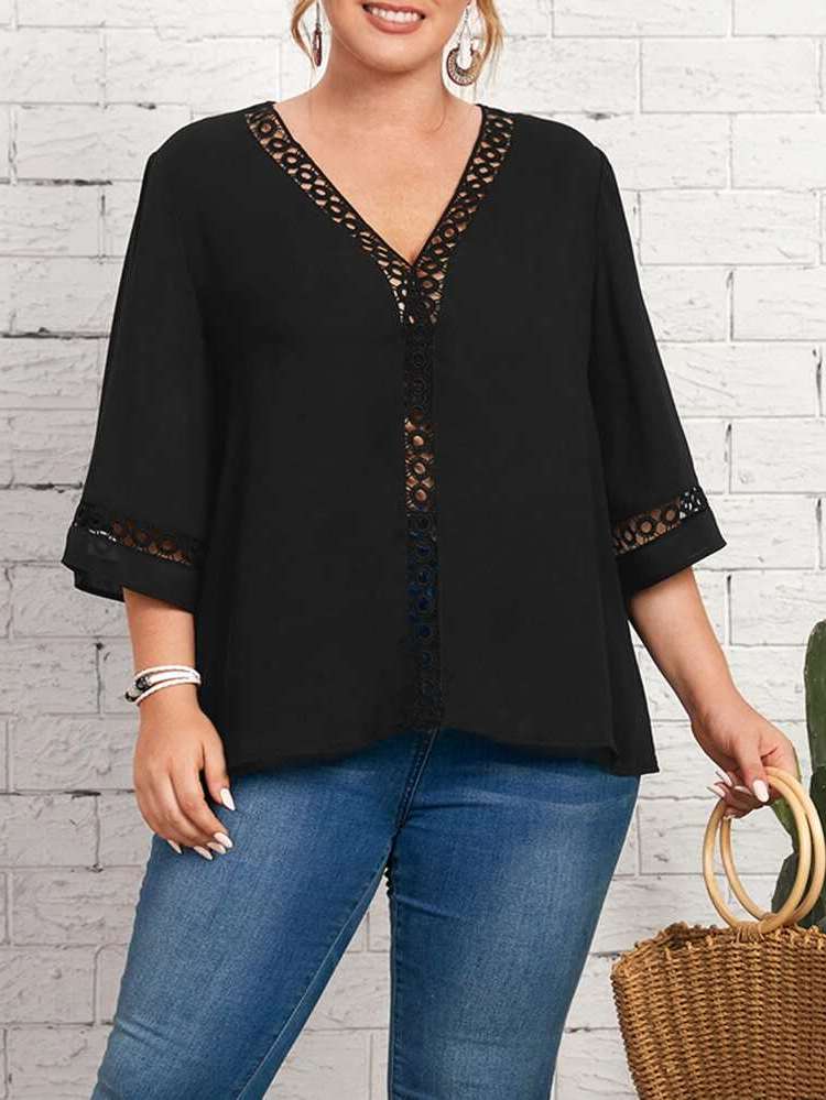 Eyelet Embroidery Black Boho V neck Plus Size Blouses 474