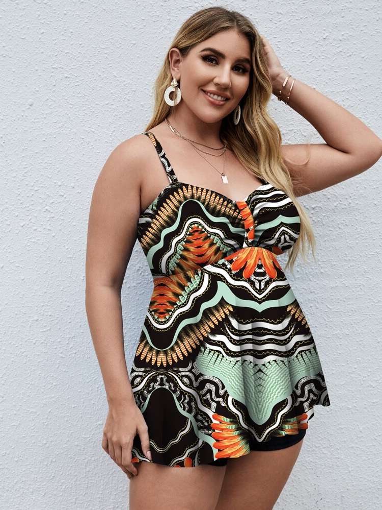  Floral Ruched Spaghetti Strap Plus Size Beachwear 4260