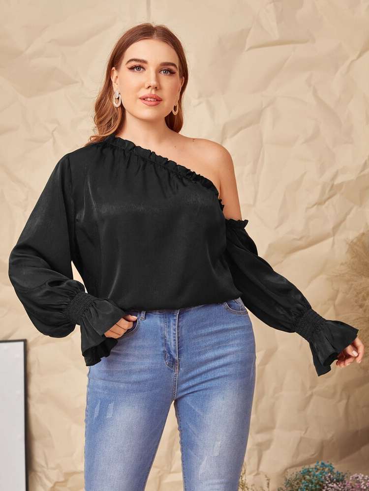 Regular Fit Long Sleeve Asymmetrical Plain Plus Size Tops 4898