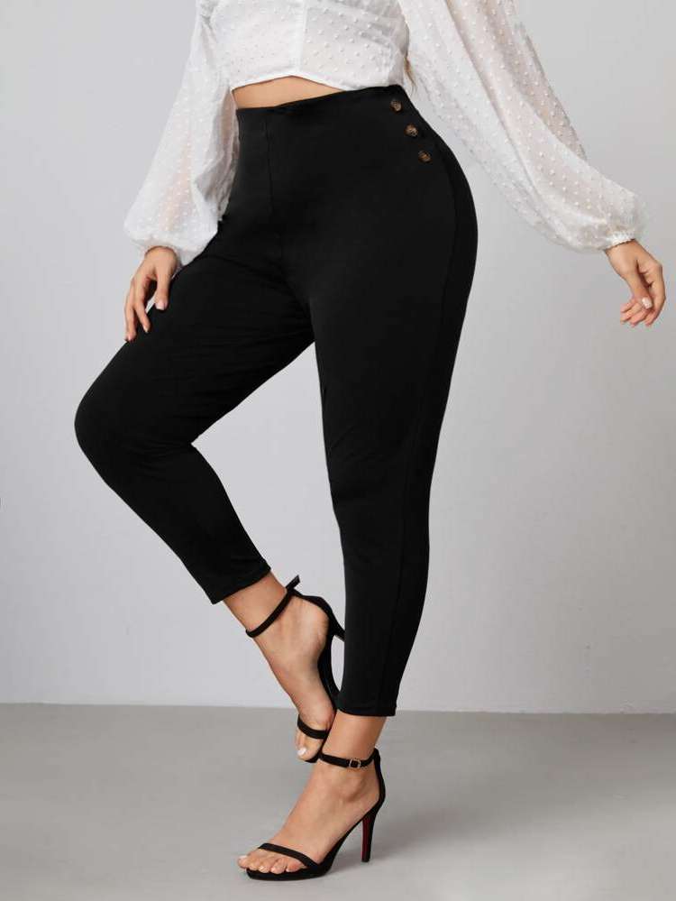 Black Cropped Casual Plain Plus Size Leggings 570