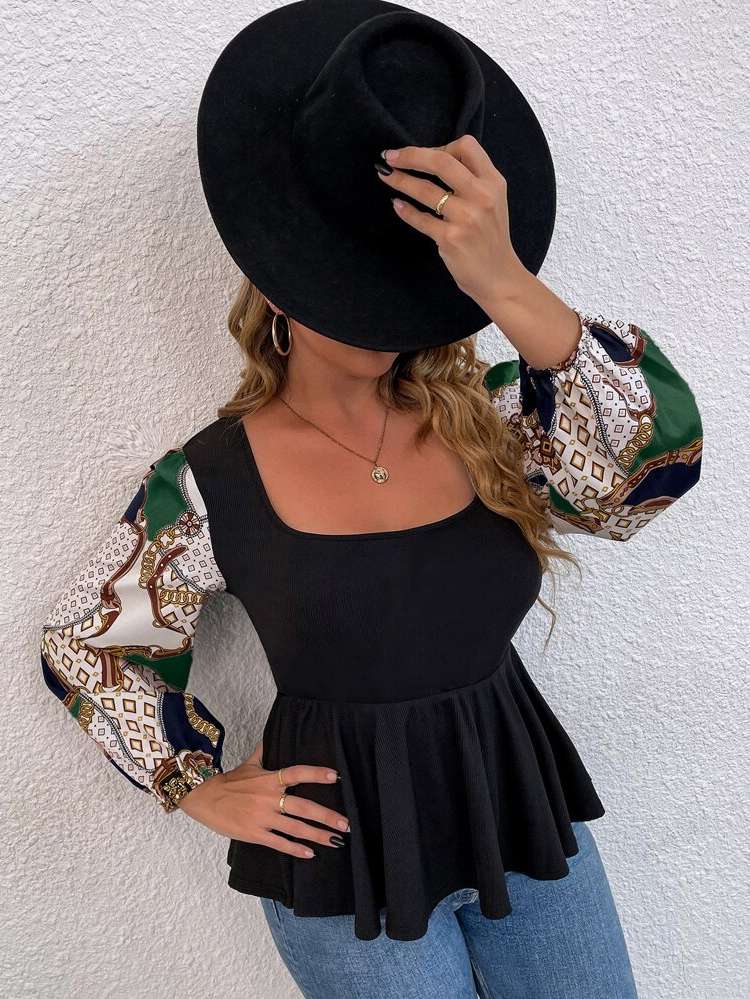 Square Neck Chain Print Black Long Sleeve Plus Size Women Tops 9788