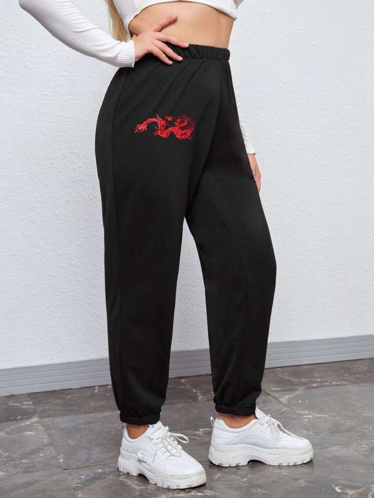 Black Regular Fit  Plus Size Sweatpants 5035