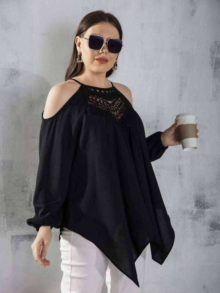 Black Long Asymmetrical Regular Fit Plus Size Blouses 8888