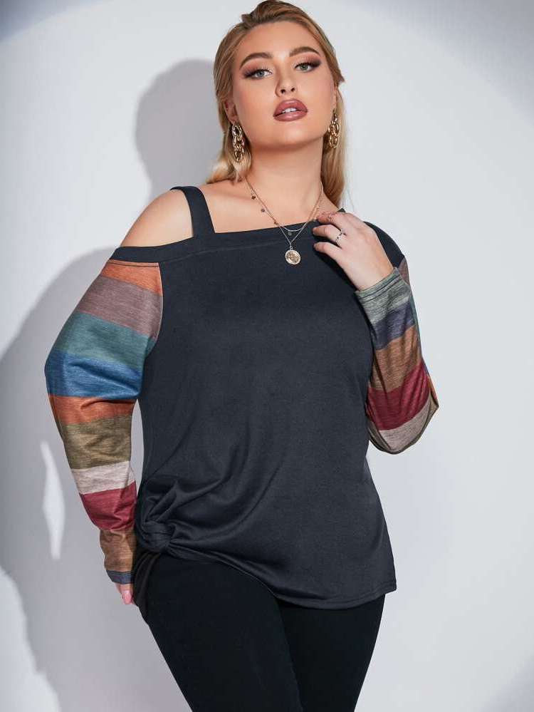 Asymmetrical Asymmetrical Neck Black Plus Size Tops 1072