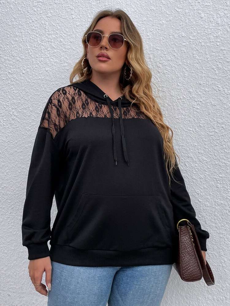 Oversized Long Sleeve Drawstring Black Plus Size Sweatshirts 503