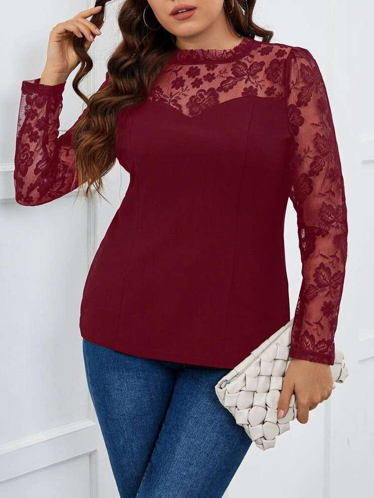 Contrast Lace Stand Collar Casual Plus Size Women Tops 4545