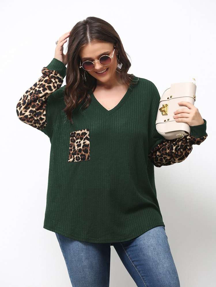 V neck Long Sleeve Leopard Casual Plus Size Tops 931