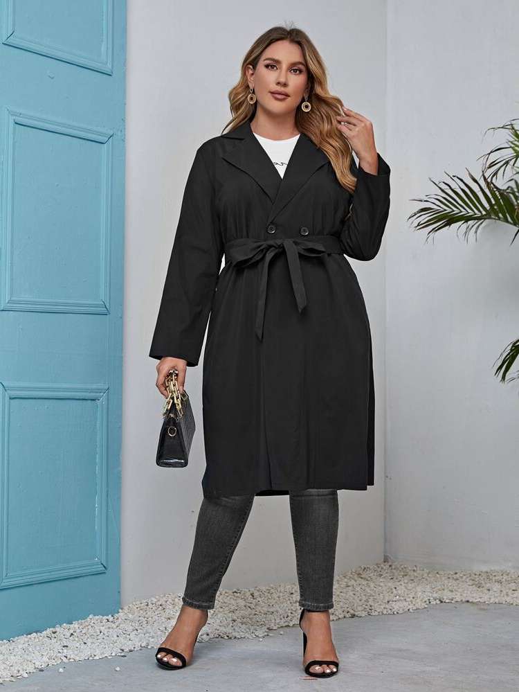 Elegant Long Sleeve Plain Regular Fit Plus Size Trench Coats 748