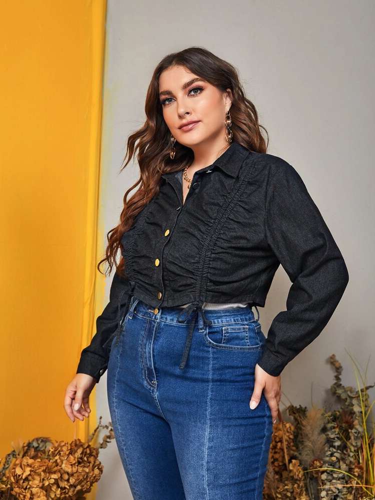 Crop Casual Black Plain Plus Size Denim 6809