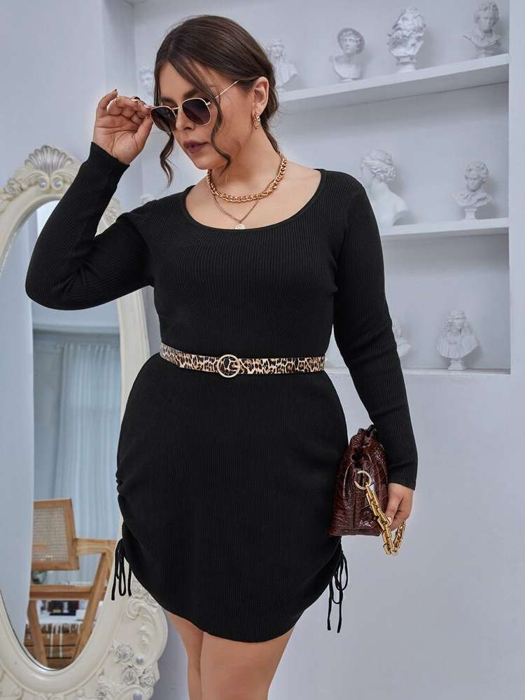 Scoop Neck Black Elegant Short Plus Size Knitwear 3335