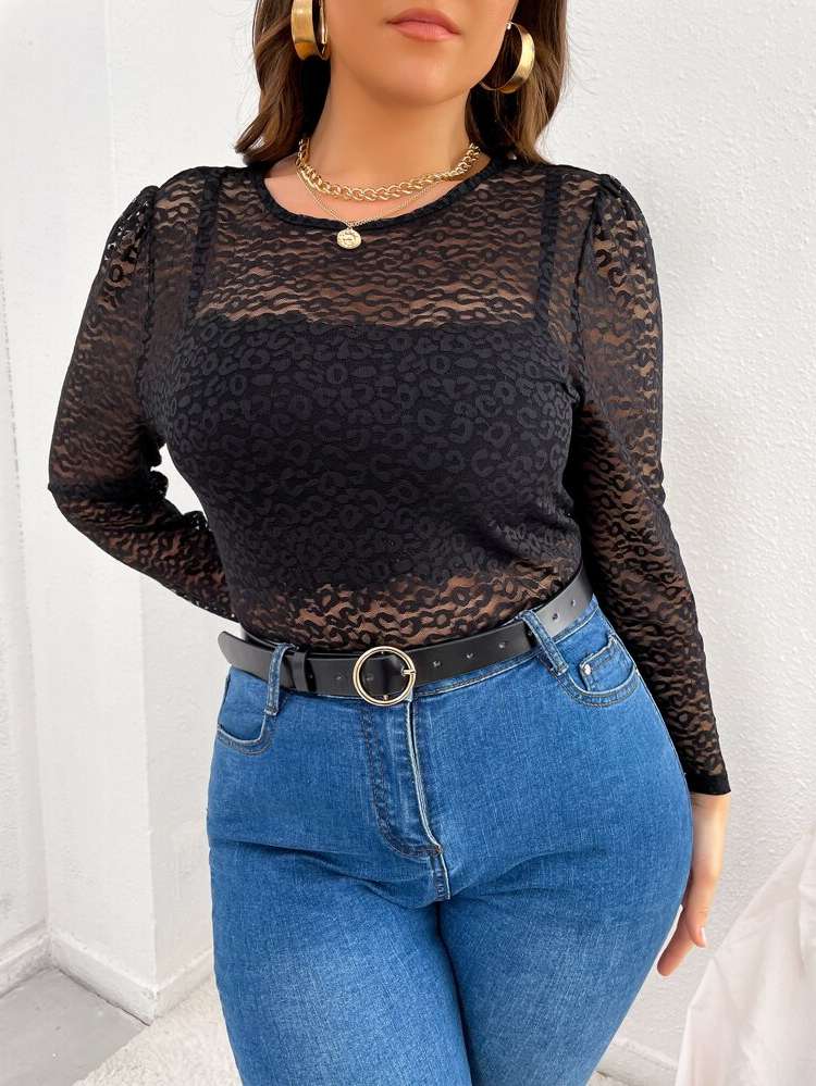 Sheer Round Neck Long Sleeve Plus Size Women Tops 161