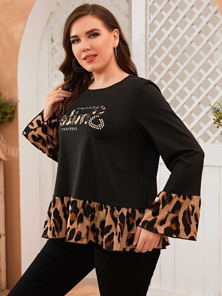  Leopard Black Long Sleeve Plus Size Blouses 1987