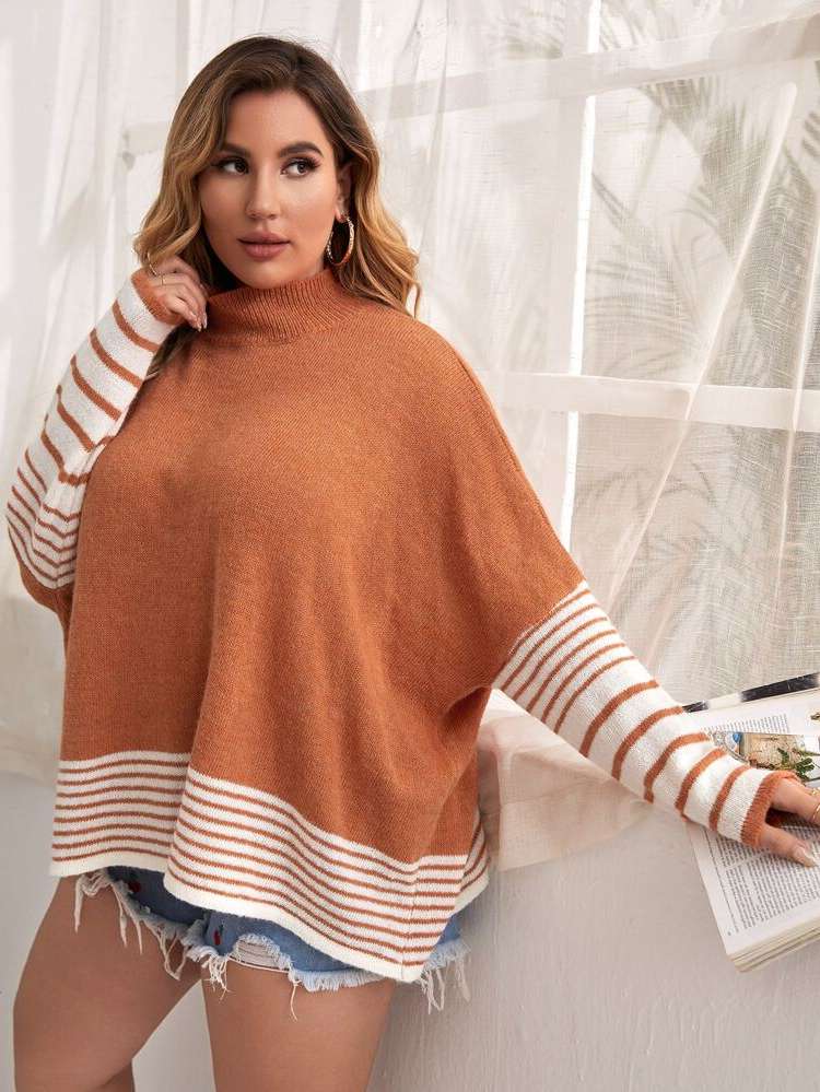 Oversized Regular Stand Collar Plus Size Sweaters 9969