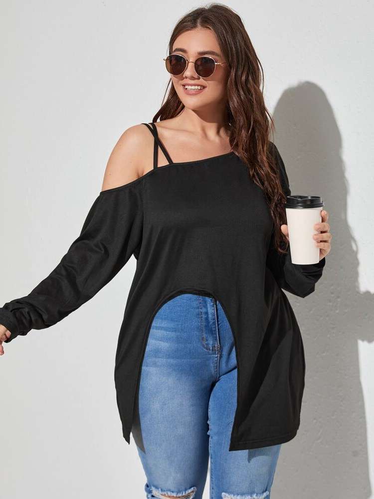  Asymmetrical Plain Plus Size T-shirts 1873