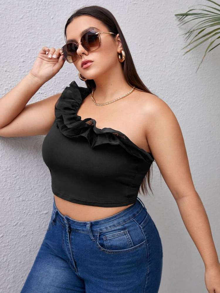 Plain Black Asymmetrical Slim Fit Plus Size Women Tops 6859