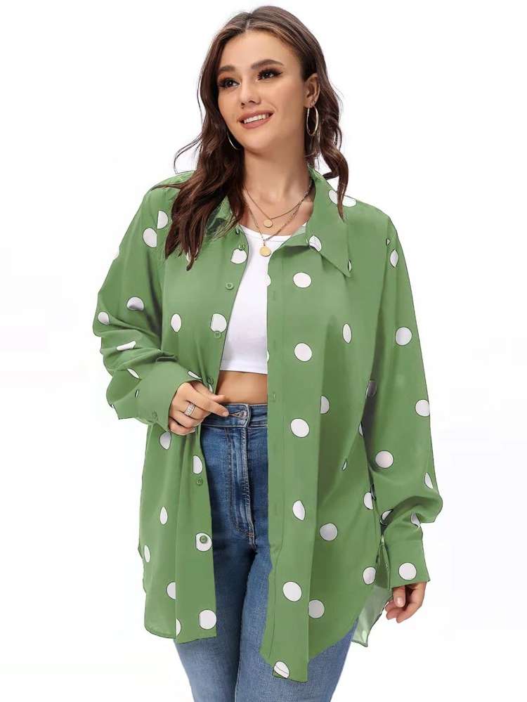 Long Sleeve Long Regular Fit Button Front Plus Size Blouses 2048