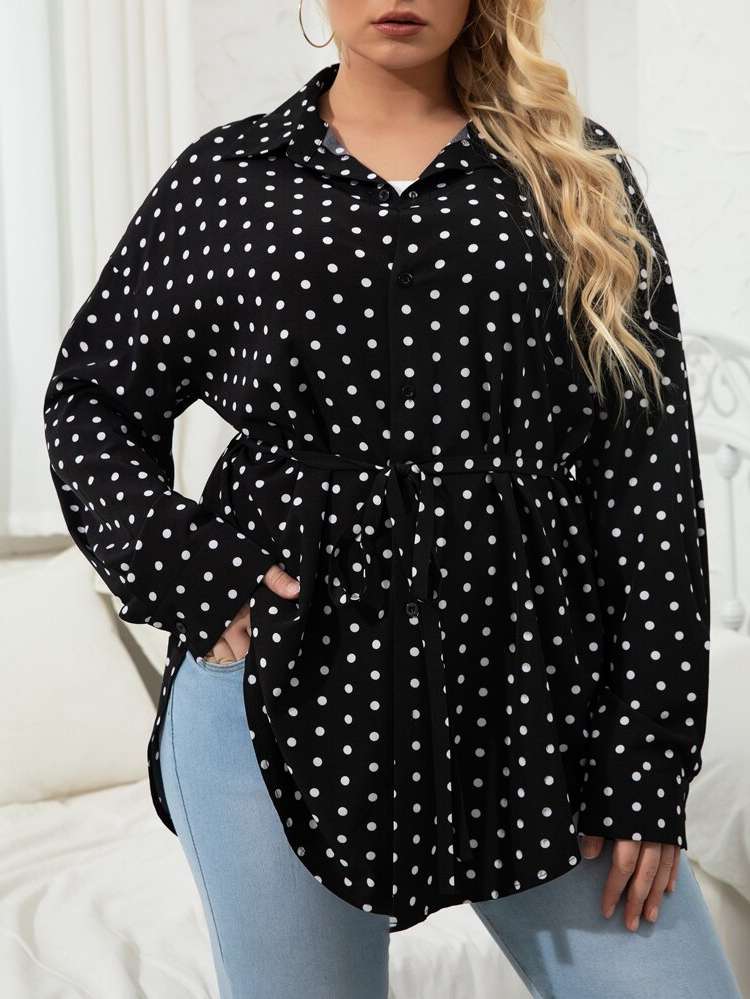  Belted Long Sleeve Polka Dot Plus Size Tops 7706