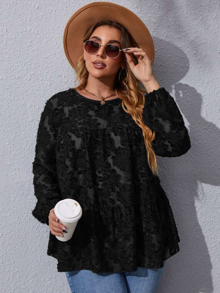 Long Sleeve Ruffle Hem Elegant Plain Plus Size Blouses 7003