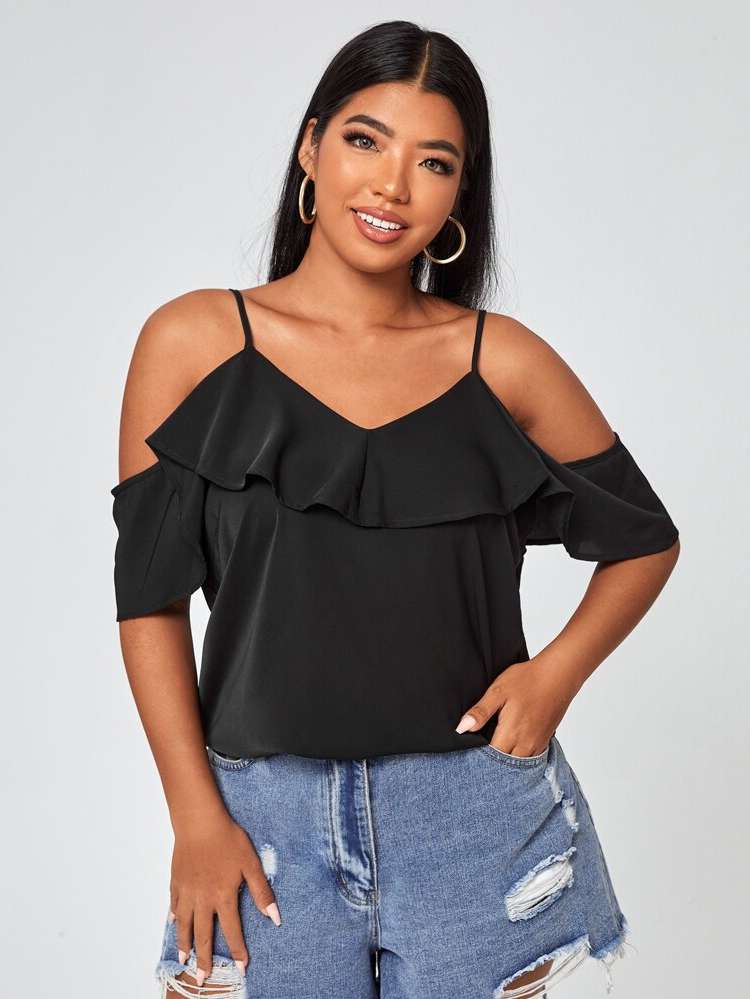  Ruffle Black Half Sleeve Women Plus Clothing 9670