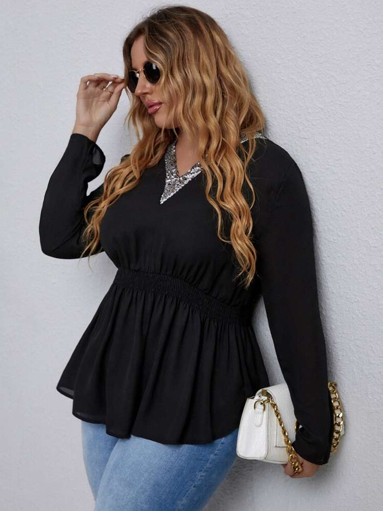 Black Casual Long Sleeve Contrast Sequin Plus Size Tops 2945