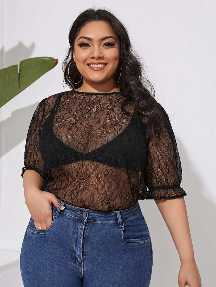 Plain Regular Black Plus Size Tops 6682