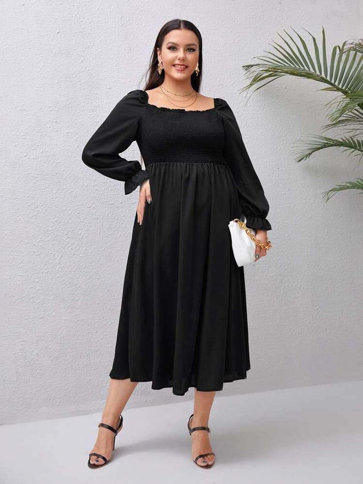 Shirred Elegant Square Neck Plain Plus Size Dresses 1018