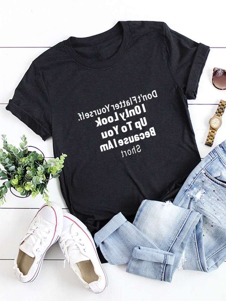  Round Neck Slogan Plus Size T-shirts 705