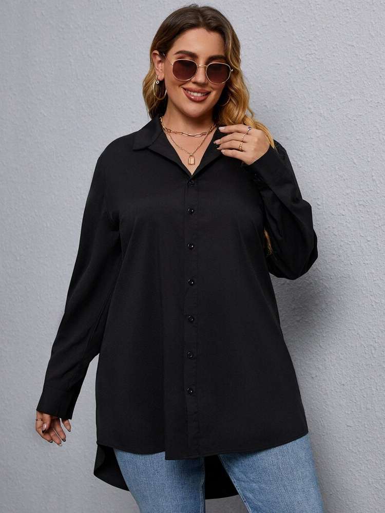 High Low Regular Fit Collar Plain Plus Size Blouses 2268