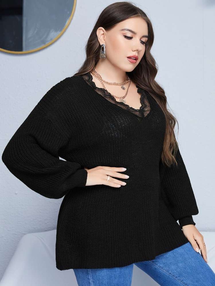 Long Sleeve Casual Long Black Plus Size Sweaters 8590