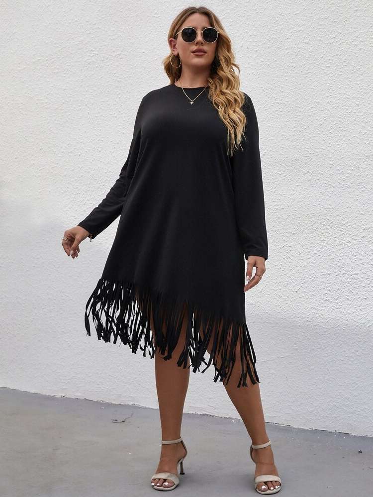 Round Neck Midi Long Sleeve Regular Fit Plus Size Dresses 3832