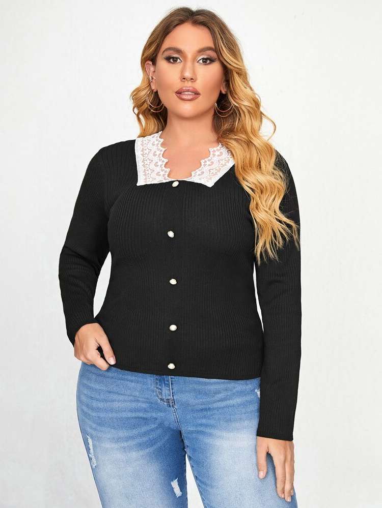 Button Square Neck Plain Plus Size Sweaters 1169