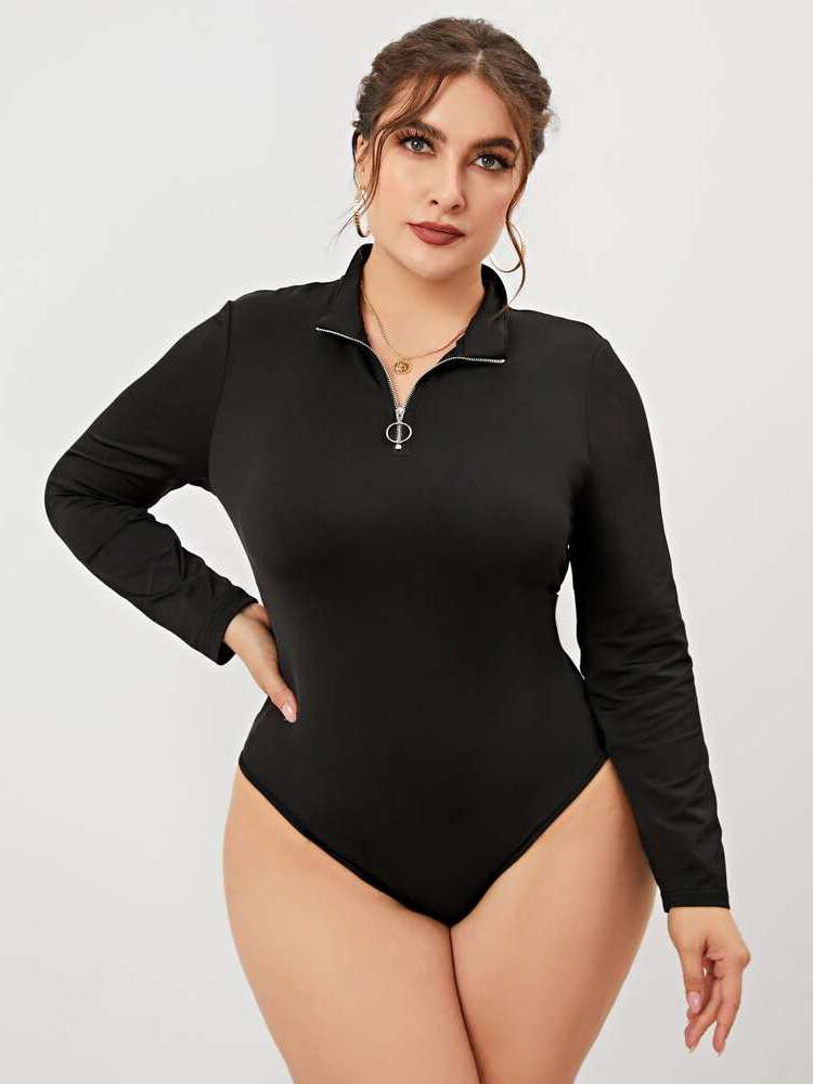 Long Sleeve Ring Collar Casual Plus Size Bodysuits 2508