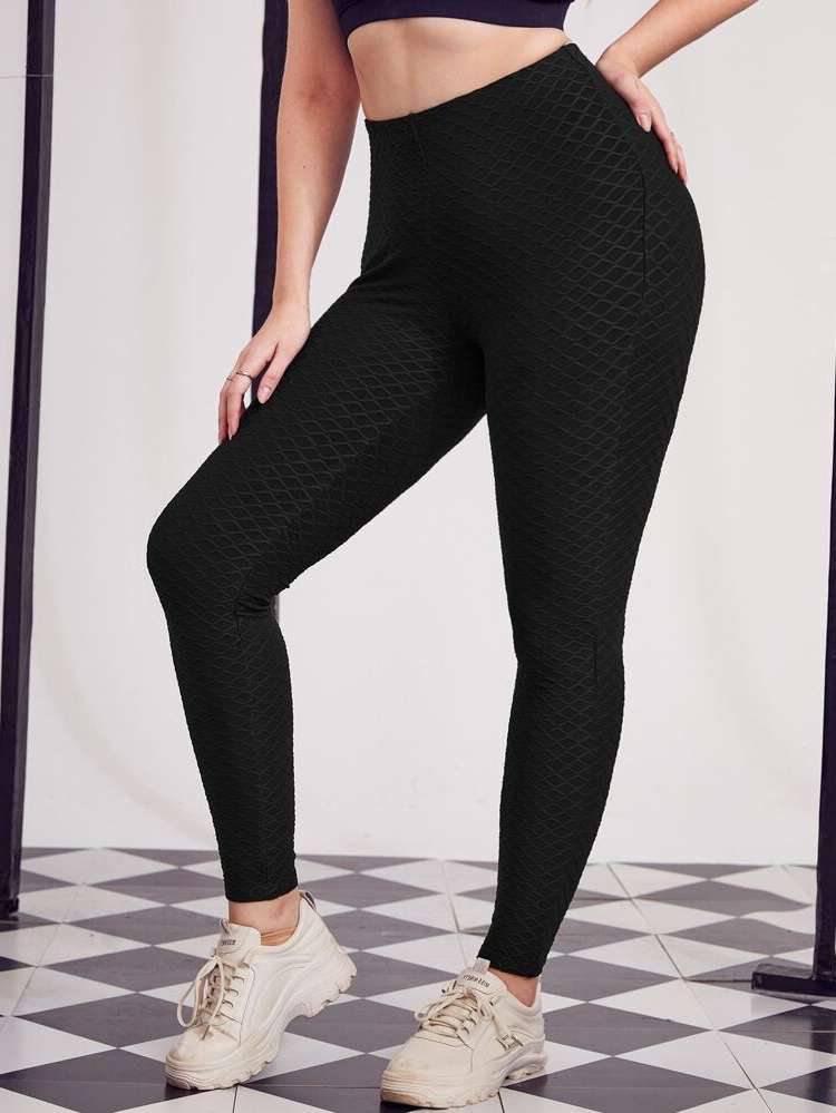 Skinny Sporty Black Plain Plus Size Leggings 2523