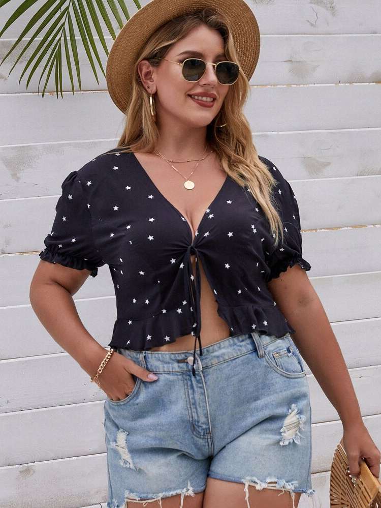 Frill Short Sleeve Crop Plus Size Tops 895