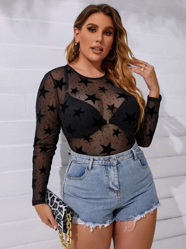 Geometric Black Sexy Plus Size Jumpsuits  Bodysuits 820