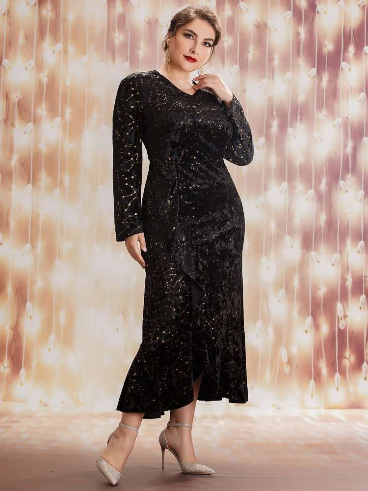 Regular Fit Ruffle Hem Long Sleeve Glamorous Plus Size Dresses 7855