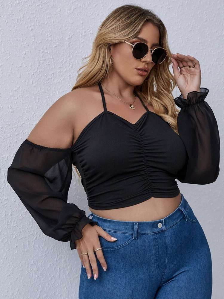  Ruched Sexy Plain Plus Size Women Tops 8242