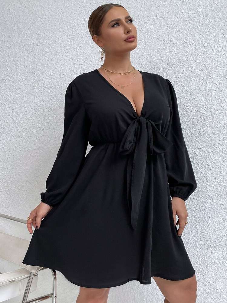  Tie Front Deep V Neck Plus Size Dresses 9795