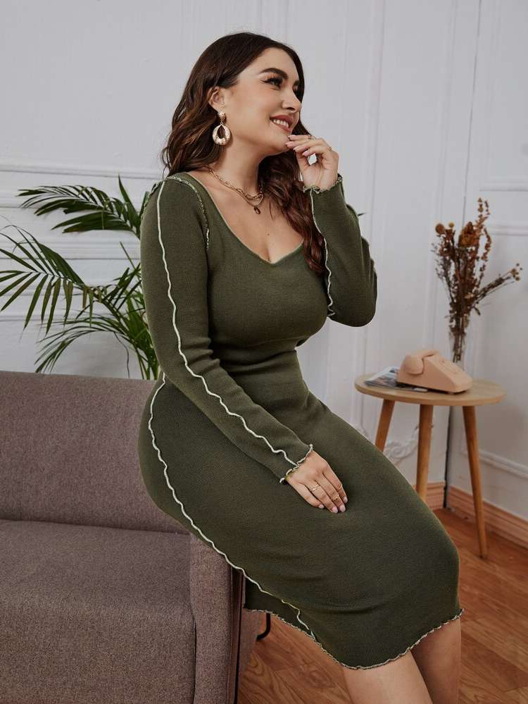 Slim Fit Midi Plain Plus Size Knitwear 5166