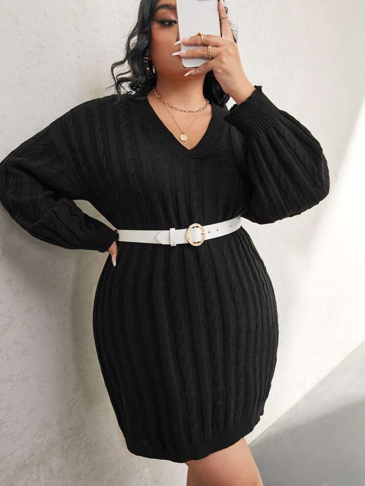  V neck Regular Fit Plus Size Sweater Dresses 3986