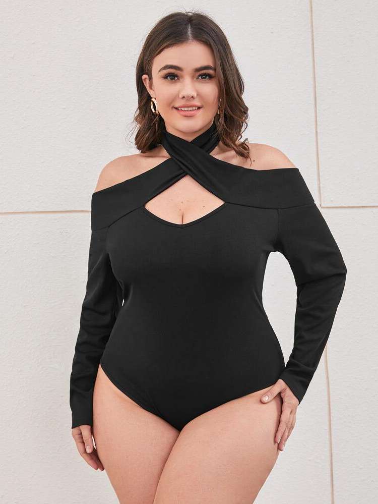  Black Plain Plus Size Bodysuits 519