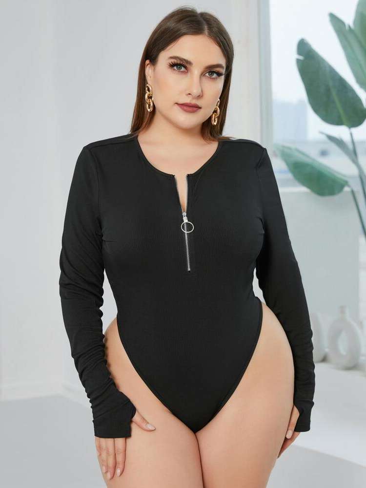 Long Sleeve Black Round Neck Plain Plus Size Bodysuits 7423