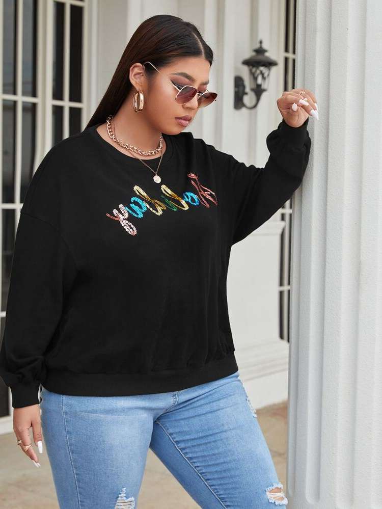 Contrast Sequin Regular Round Neck Plus Size Sweatshirts 9243