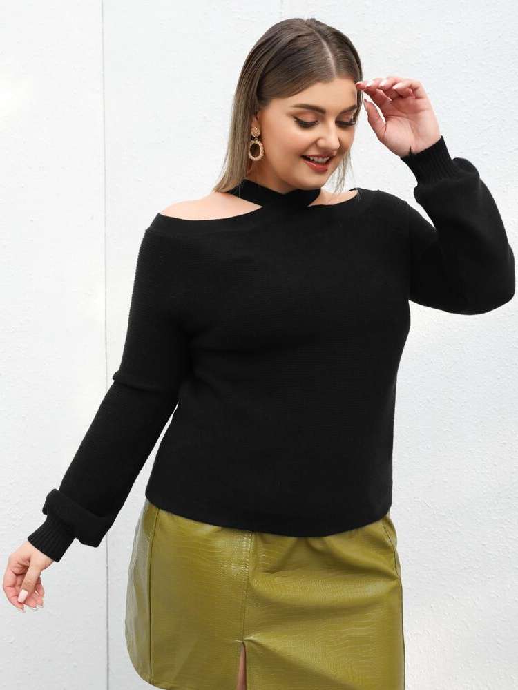 Long Sleeve Black Regular Regular Fit Plus Size Sweaters 988