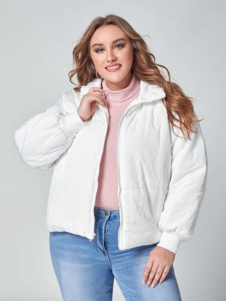 Black Plain Regular Fit Zipper Plus Size Outerwears 4004